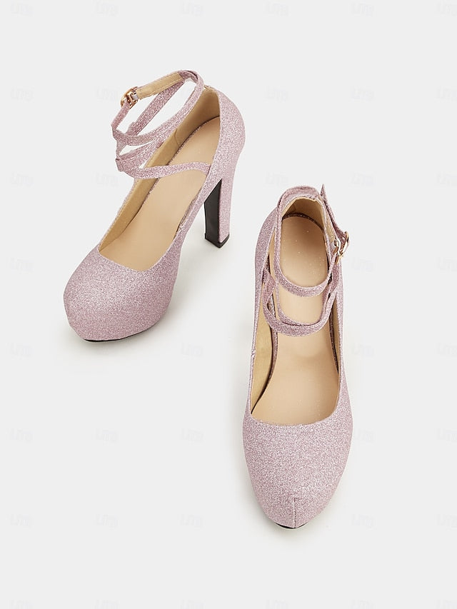 with Ankle Pink – Women's Strap Glitter Platform Heels