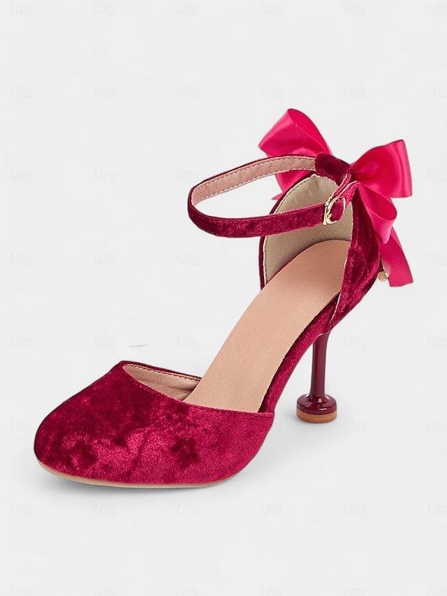 Mary Burgundy Jane Velvet and Big Women's with Heels Bow