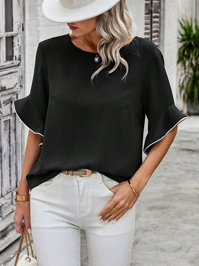 Women's Blouse Ruffle Solid Color Stylish Casual 3/4 Length
