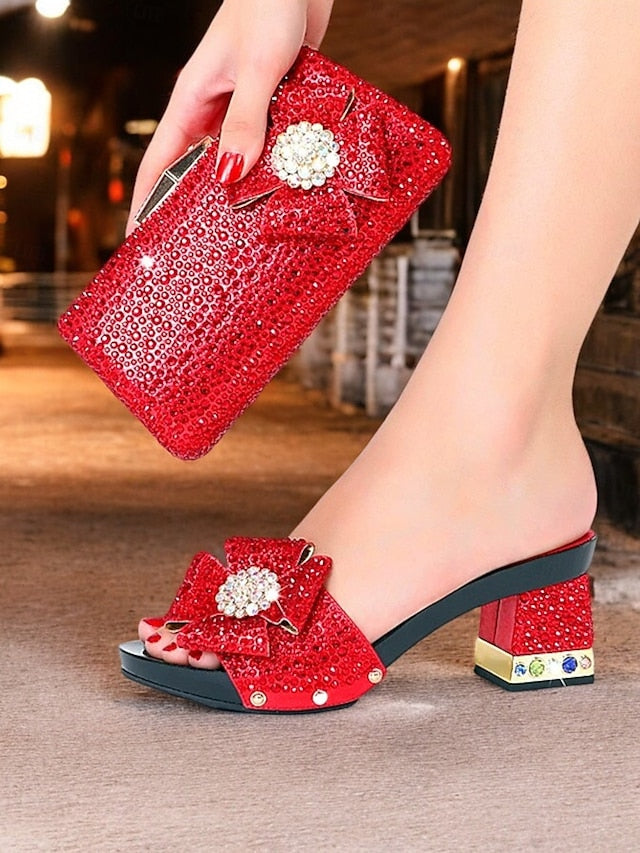 Clutch Sparkling with High Sandals Matching Rhinestone Bow Heel