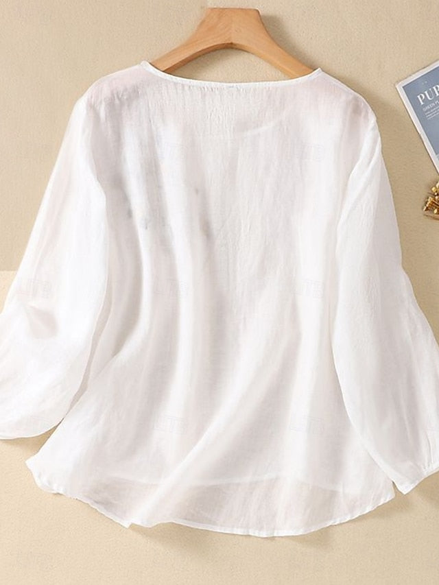 Women's Shirt Blouse Faux Cotton Linen Embroidered Solid