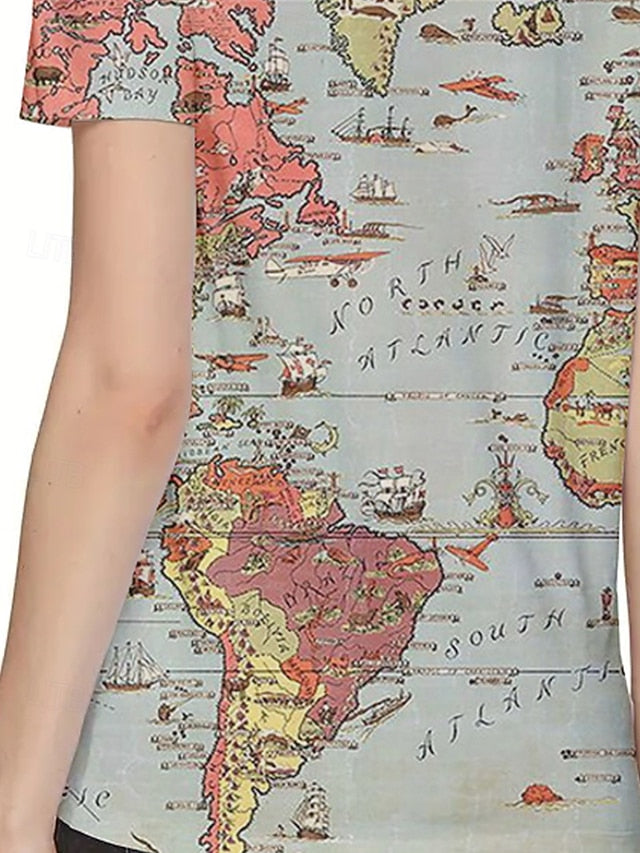 Women's T Shirt Summer Tops Print Graphic Map Classic