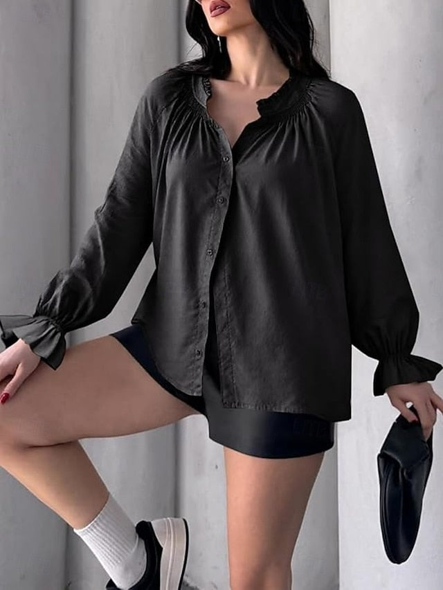 Women's Casual Shirt Button Up Shirt Blouse Ruffle Buttons