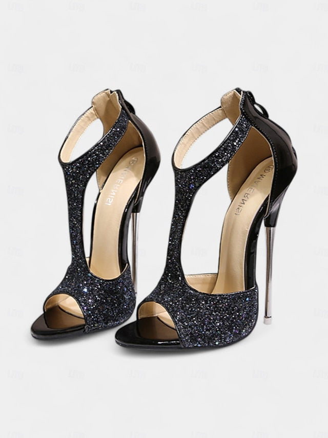 with and Stiletto Design Heels Open for Glitter T-Strap Gold Toe