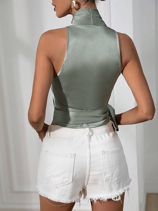 Women's Satin Tank T Shirt Tee Top Wrap Plain Elegant