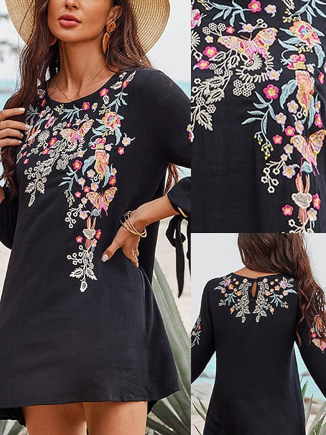 Women's Black Dress Embroidered Mini Dress Cotton Classic