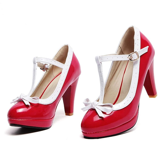 with Black White High Patent Women's Heels Leather T-Strap