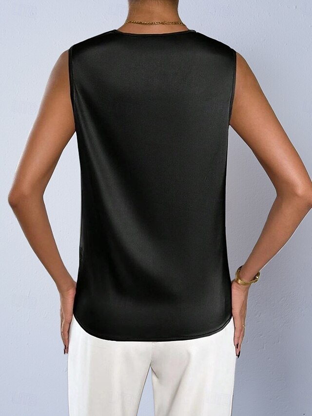 Women's Satin Shirt Blouse Cowl Neck Top Sleeveless Shirt