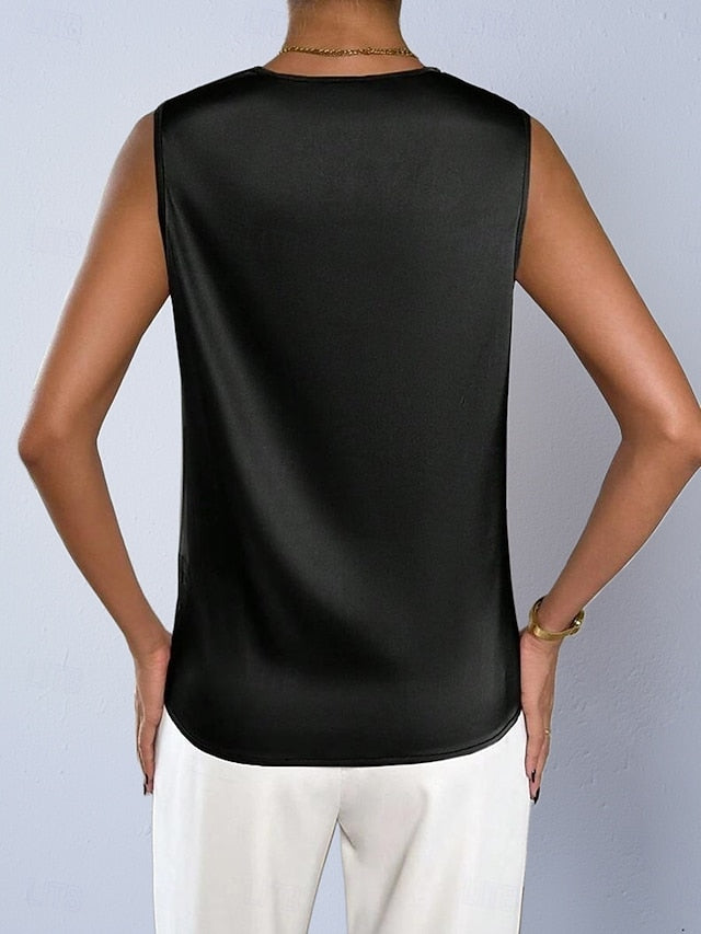 Women's Satin Shirt Blouse Cowl Neck Top Sleeveless Shirt