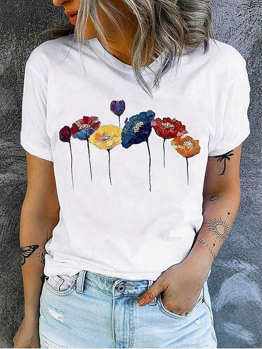 Women's T Shirt Floral Poppy Casual Short Sleeve Crew Neck