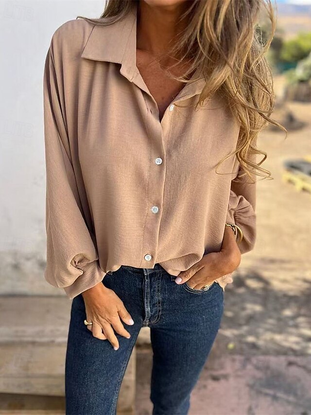 Women's Blouse Dressy Tops Ruched Patchwork Buttons Solid