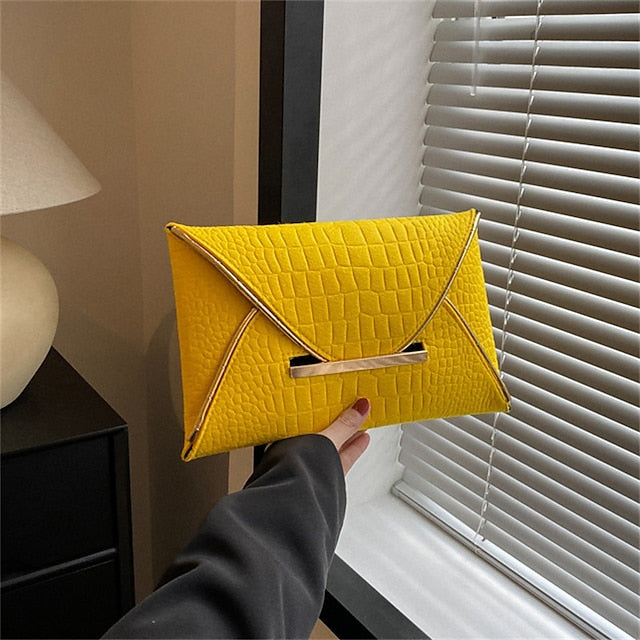 Metal Handle Yellow with Croc-Embossed Women’s Clutch Envelope