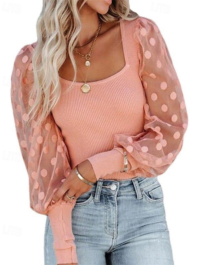 Women's Blouse Patchwork Mesh Plain Casual Long Sleeve