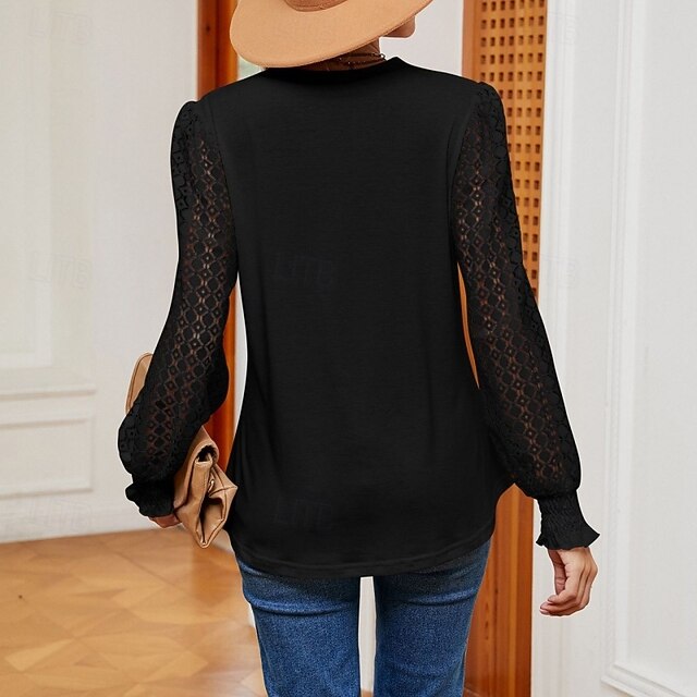 Women's Shirt Blouse Lace Tops Long Sleeve Tops Patchwork