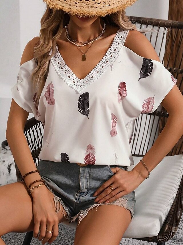 Women's Blouse Lace Print Feather Stylish Casual Short