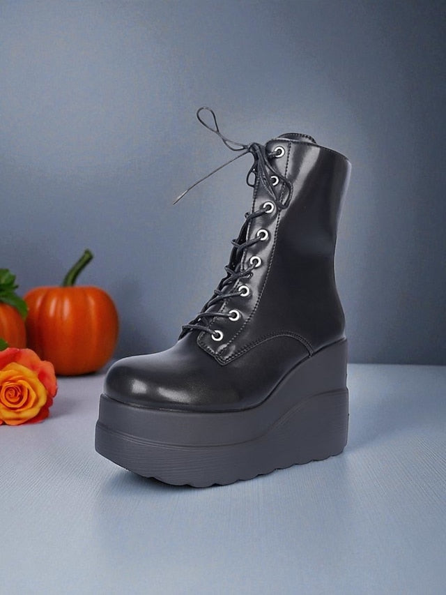 Platform Boots - Black and Women's Red Lace-Up Bold Ankle
