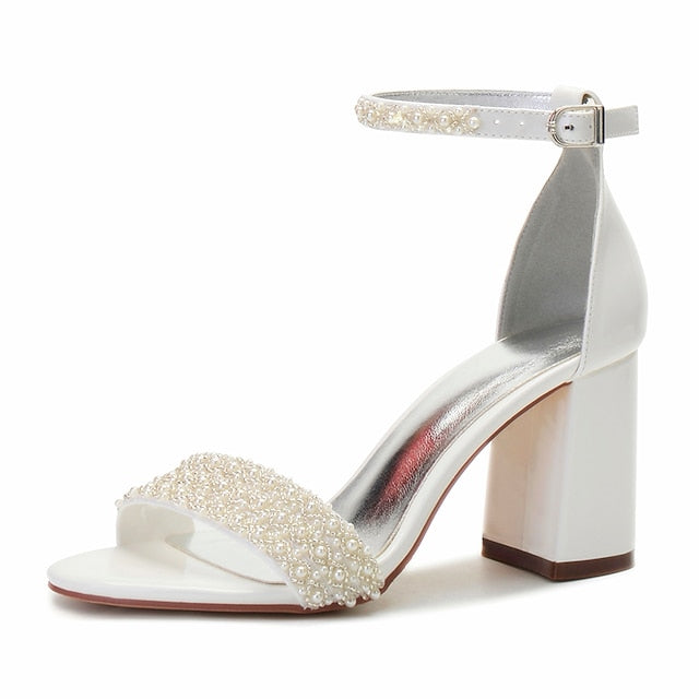 White Embellished Pearl Ankle Strap Block Ivory Women's