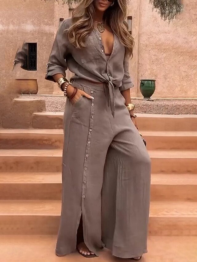 Women's Pants Sets Long Sleeve Shirt Collar Solid Color