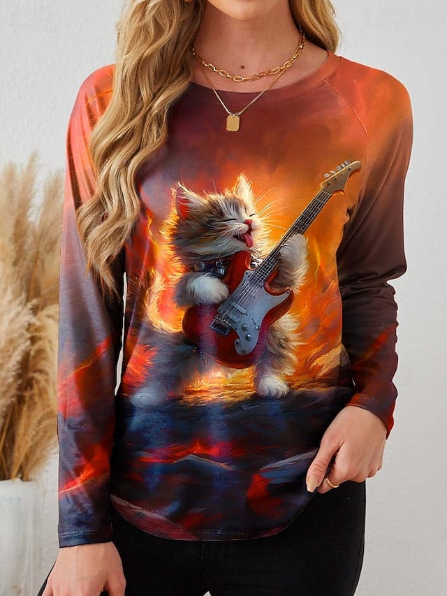 Women's T Shirt Print Heart Plaid Casual Long Sleeve Crew