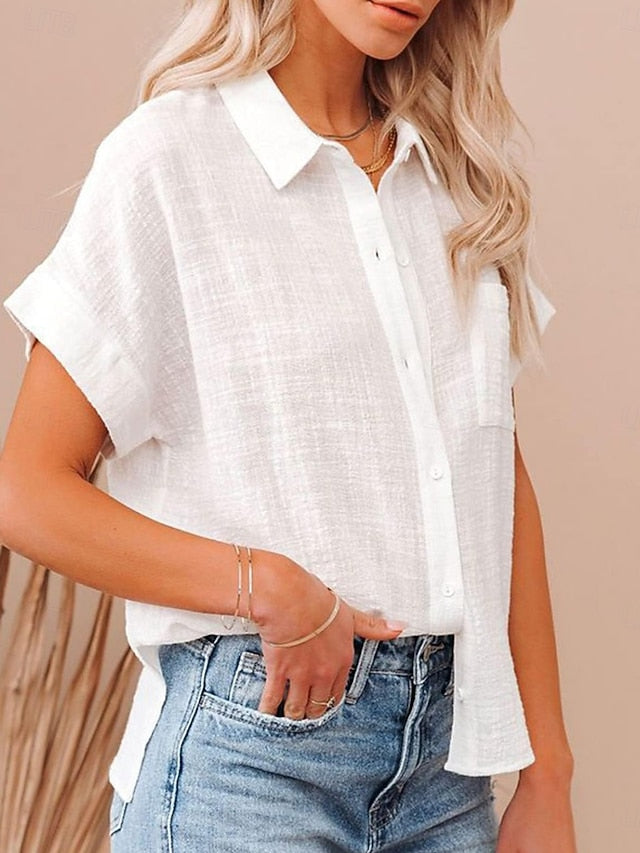 Women's Shirt Button Up Blouse Faux Cotton Linen Pocket