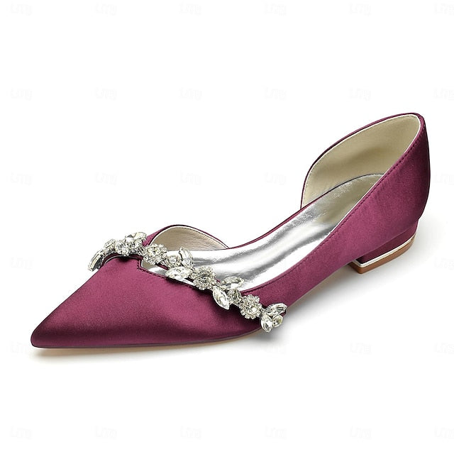 Crystal Wedding Toe with White and Pointed Satin Flat Shoes