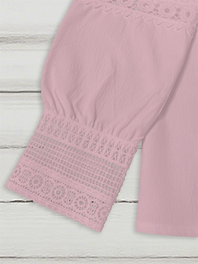 Women's Shirt Blouse Eyelet top Ruched Patchwork Eyelet