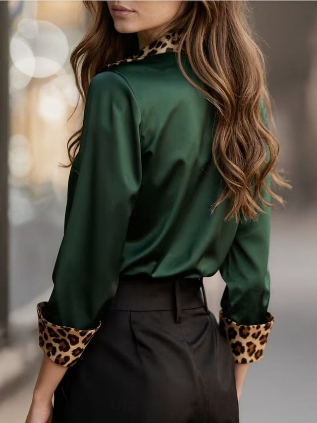 Women's Satin Shirt Dress Shirt Blouse Patchwork Buttons