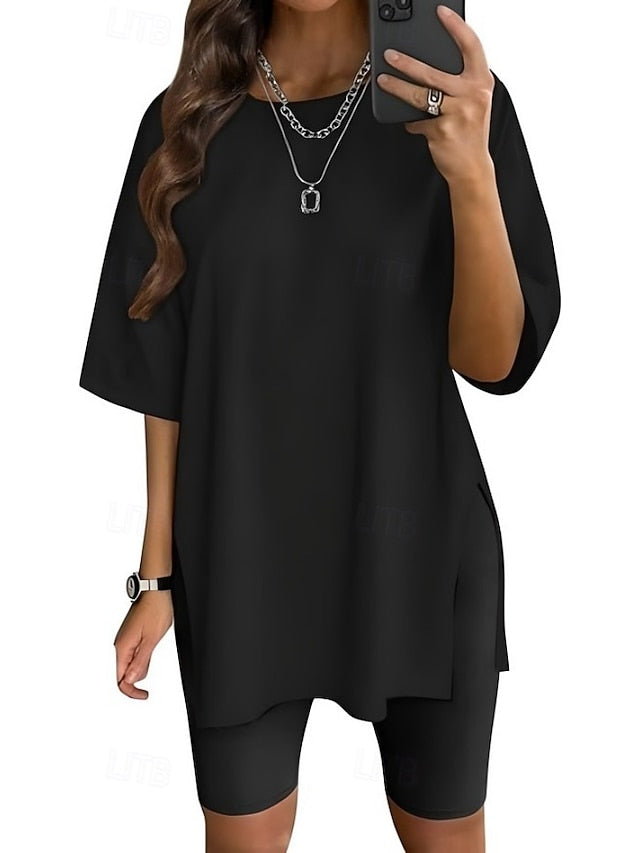 Women's T Shirt Side Split Solid Color Graphic Fashion