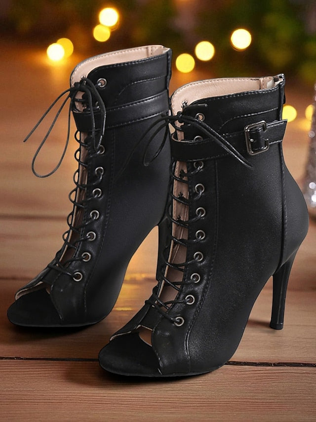 Lace-Up Booties High Women's Black Stiletto Toe Heel Peep -