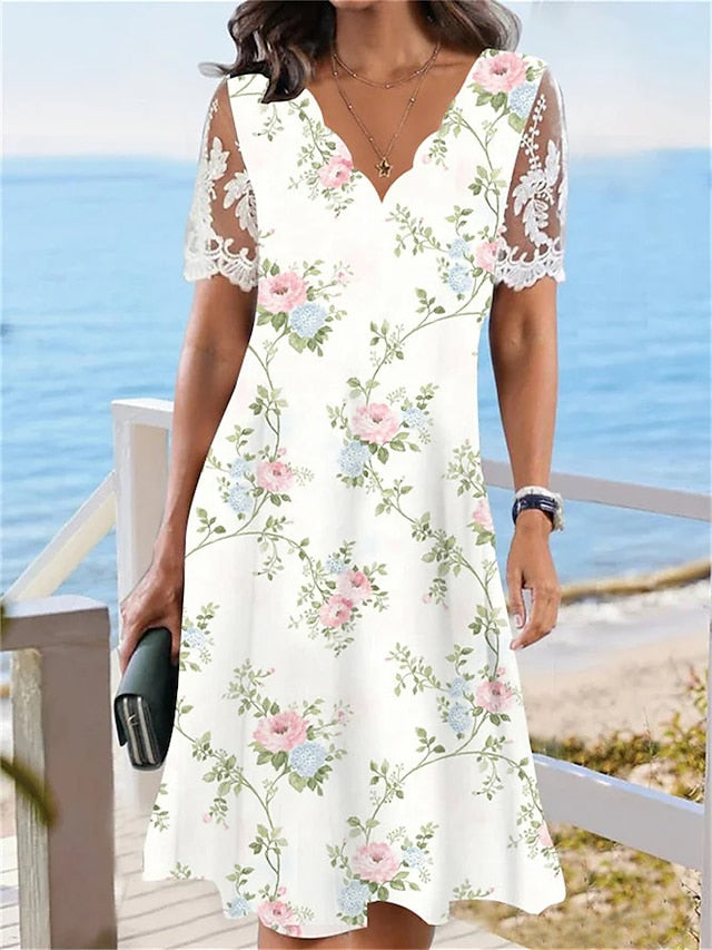 Women's Floral Lace Print Scalloped Neck Lace Sleeve Midi