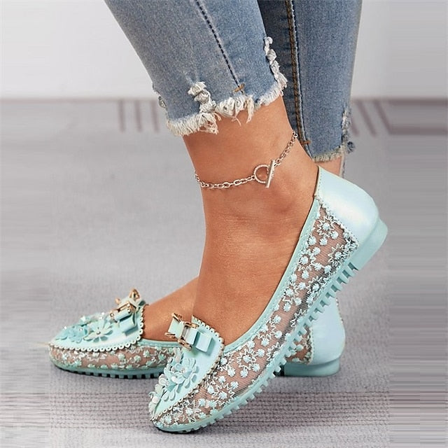 Pink Flats Floral Details - Bow with and Women's Lace