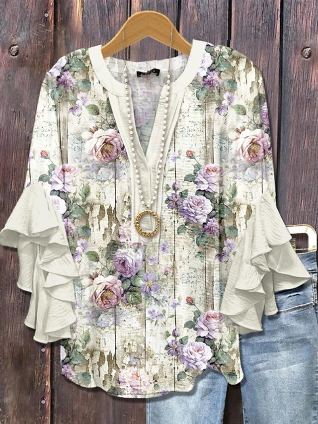 Easter Women's Blouse V Neck Floral Graphic Elegant Bohemia