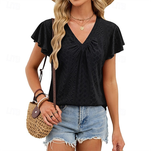 Women's Shirt T Shirt Ruffle Patchwork Eyelet Solid Color