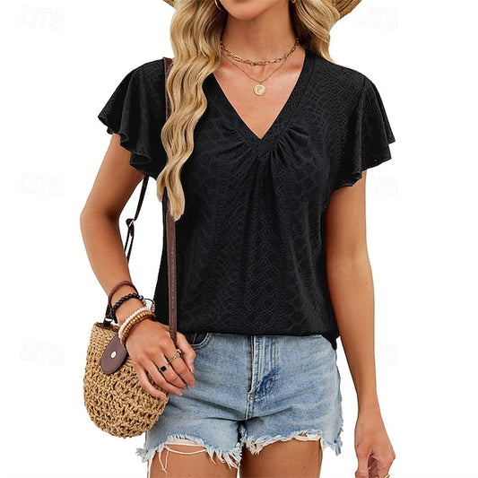 Women's Shirt T Shirt Ruffle Patchwork Eyelet Solid Color