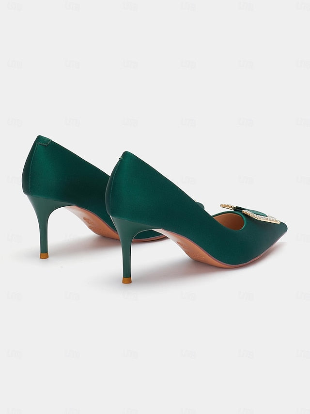 for Green Satin Elegant Women: with Pumps Buckle Rhinestone