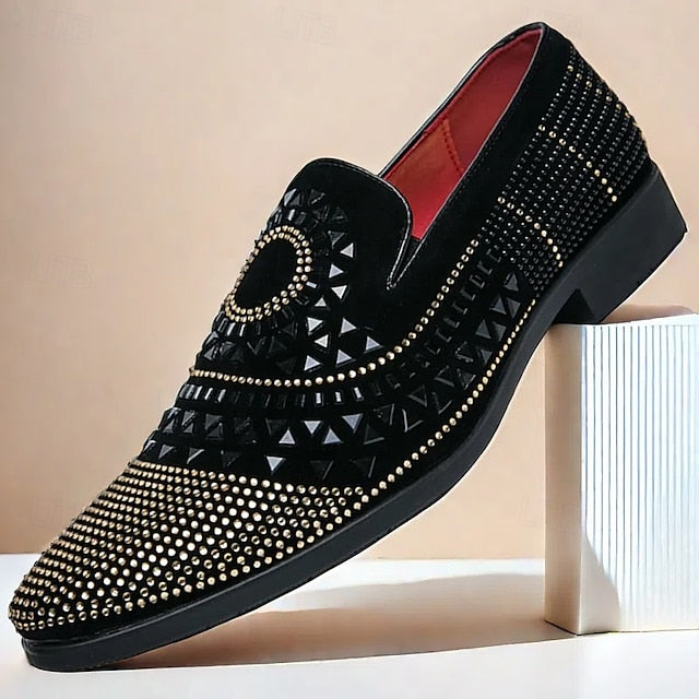 Black Spiral Men's Loafers Studded - Velvet Shoes Prom with