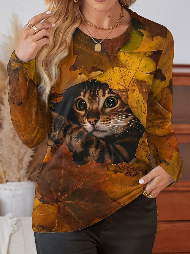 Women's T shirt Crew Neck Long Sleeve Tunic Cat Casual