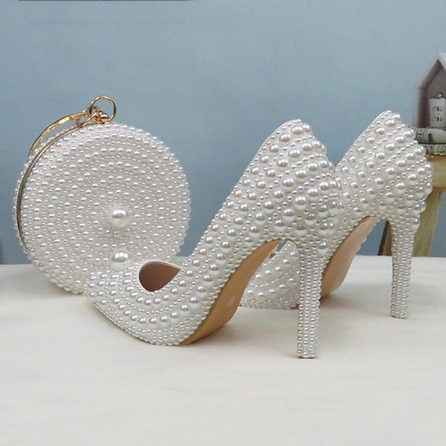 Pearl-Embellished and Round Heels Pearl White Stiletto Set Purse