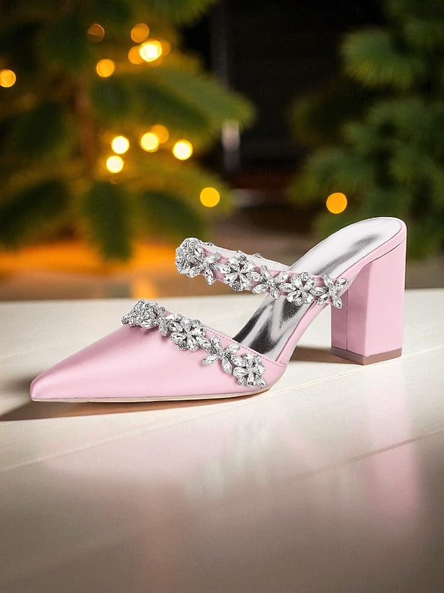Women's Mules Rhinestone Floral Heel Black Block Satin with