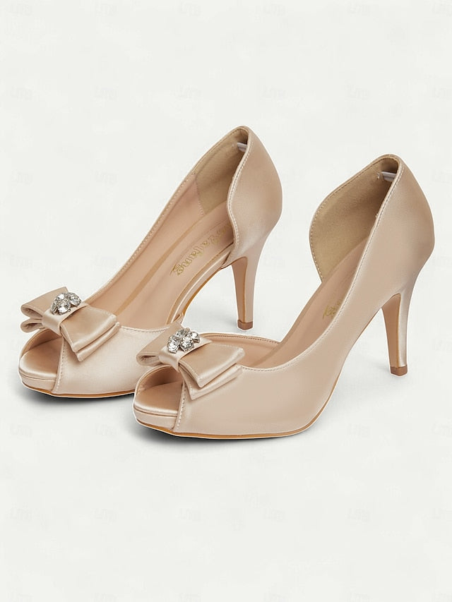 Peep and Champagne Toe Heels with Women's Bow Satin