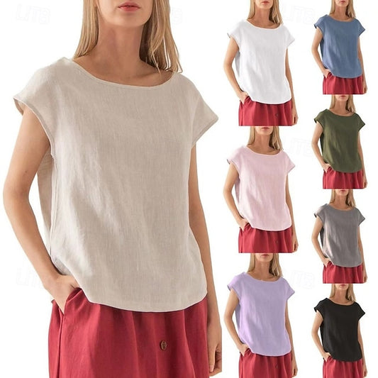 Women's Cotton Linen Shirt T Shirt Tee Top Solid Color