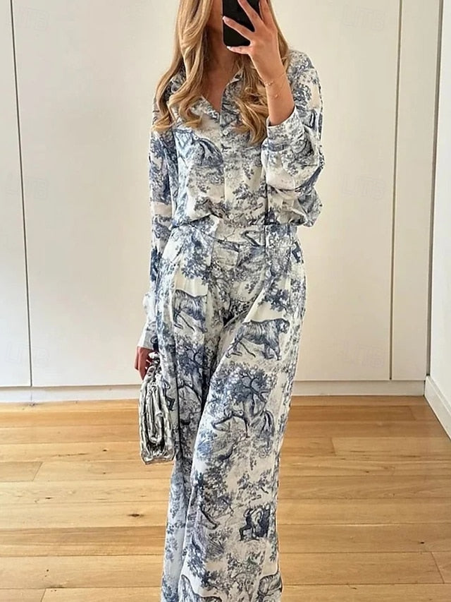 Women's Shirt Blouse Pants Sets Long Sleeve Shirt Collar