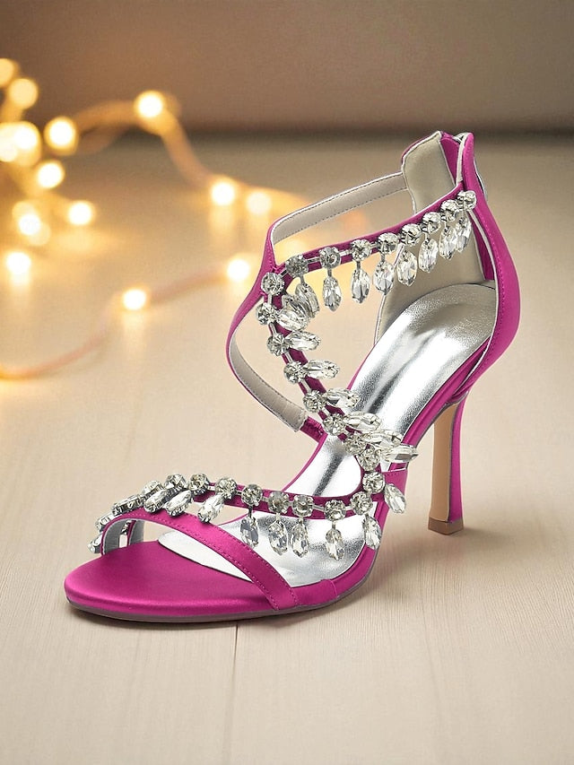 Heel High Women's Sandals White Strappy Rhinestone with