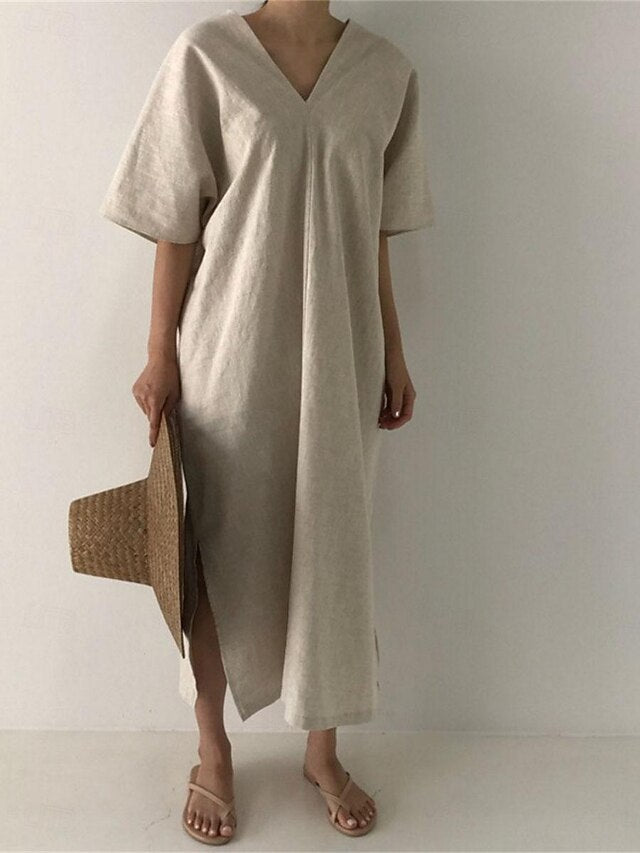 Women's Black Apricot Summer Spring Maxi Dress Cotton Blend