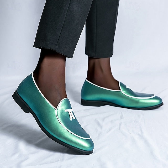 Yellow Loafers Black Leather with Faux Trim Men's Patent