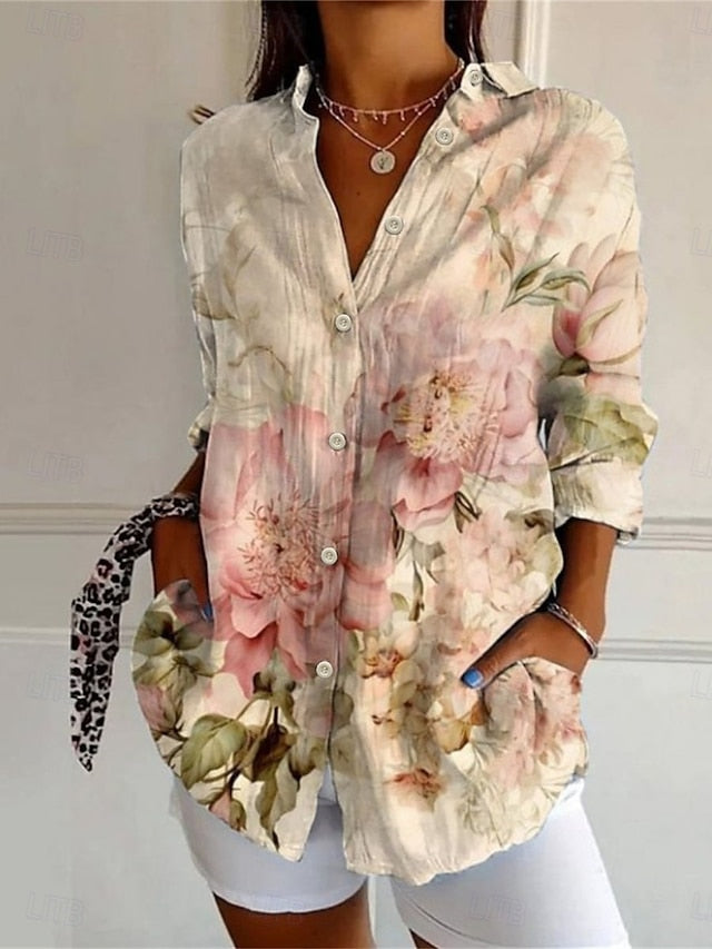 Women's Shirt Button Up Blouse Faux Cotton Linen Buttons