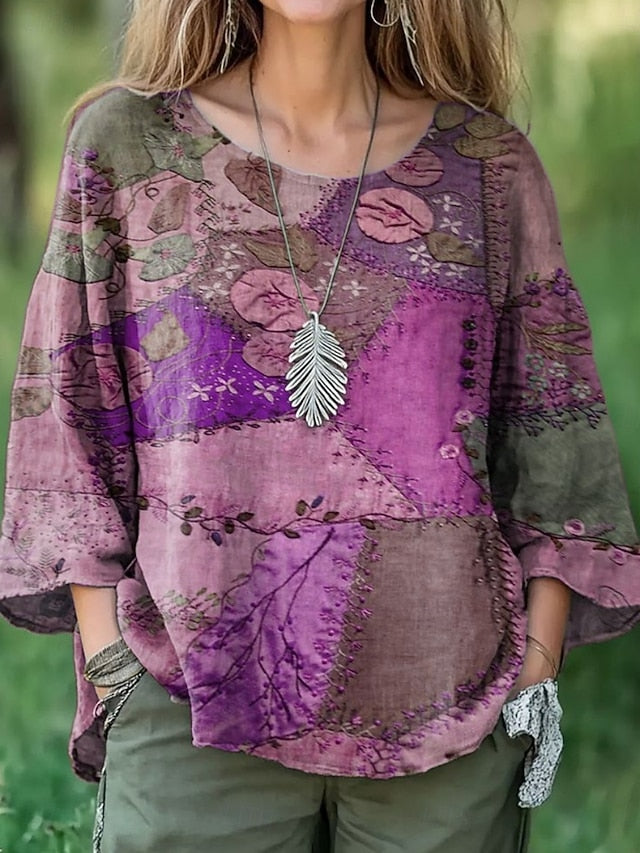 Women's Blouse Print Floral Ethnic Retro Vintage 3/4 Length