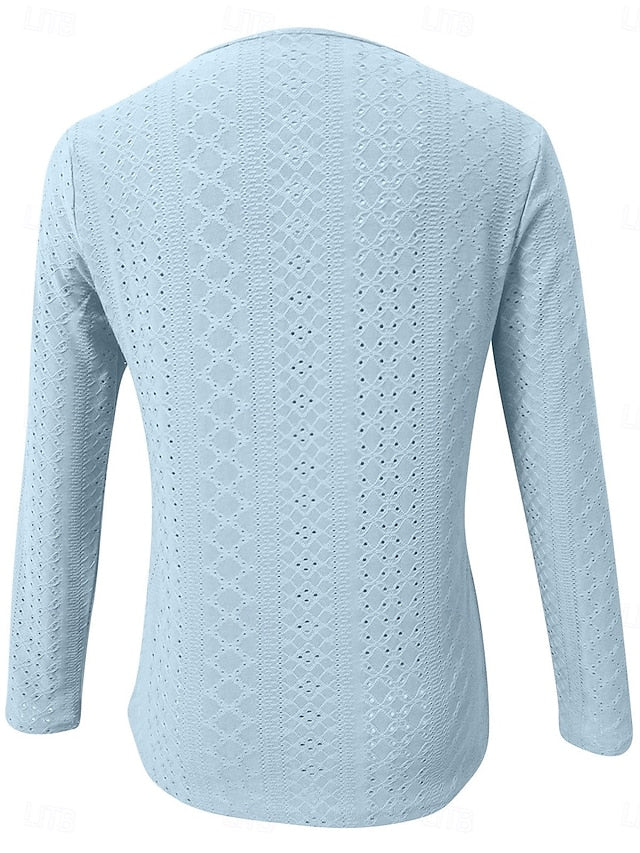 Women's Pointelle Shirt Eyelet Top Blouse Patchwork Solid