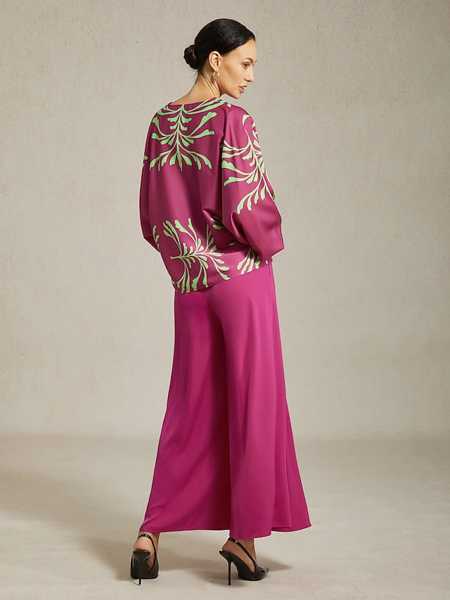 Women's Top Vivid Fuchsia Print Satin Lantern Long Sleeve V