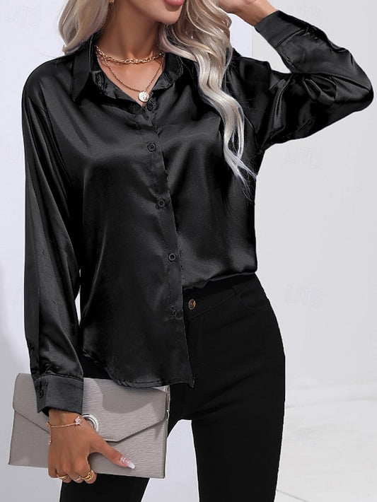 Women's Shirt Elegant Satin Top Blouse Buttons Plain